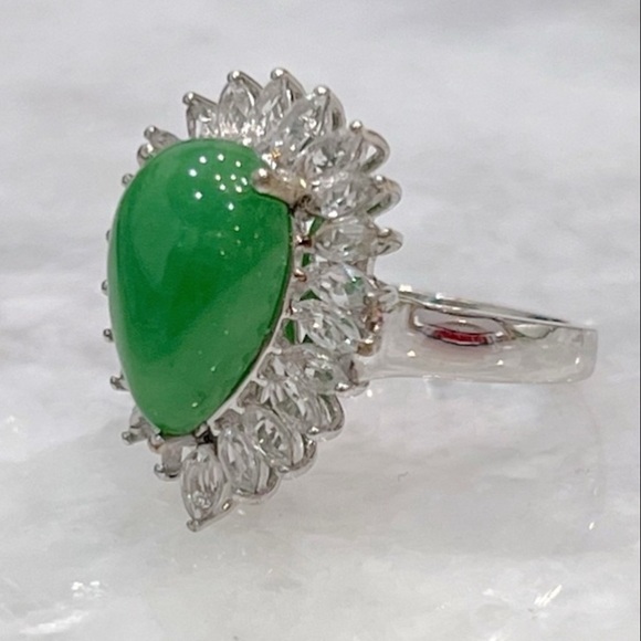 Burmese Green Jade White Topaz Sterling Silver Ring - Picture 3 of 10